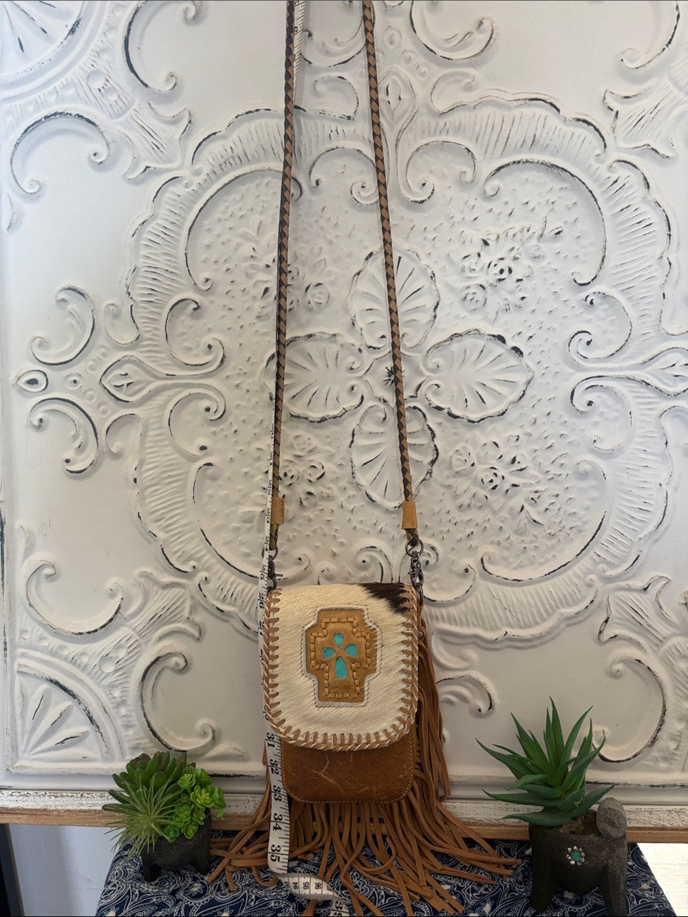 Boho Fringe Crossbody Bag in Brown, Cream & Turquoise Accent